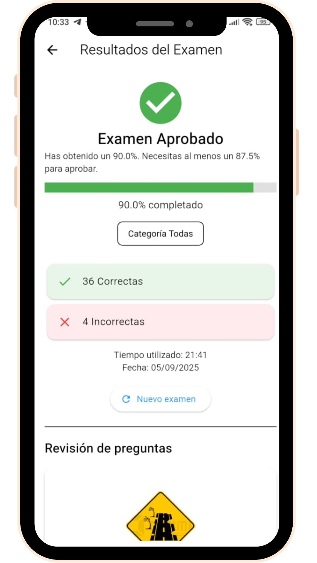 Pantalla de resultados del examen